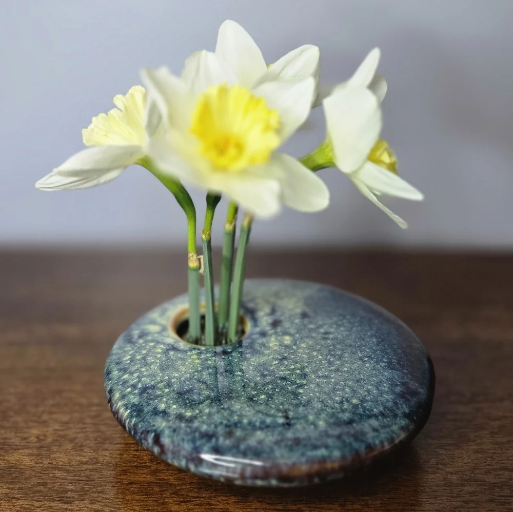 Vintage Ikebana Ceramic Blue Flower Frog Vase Handmade, Painted, Signed Gp 02